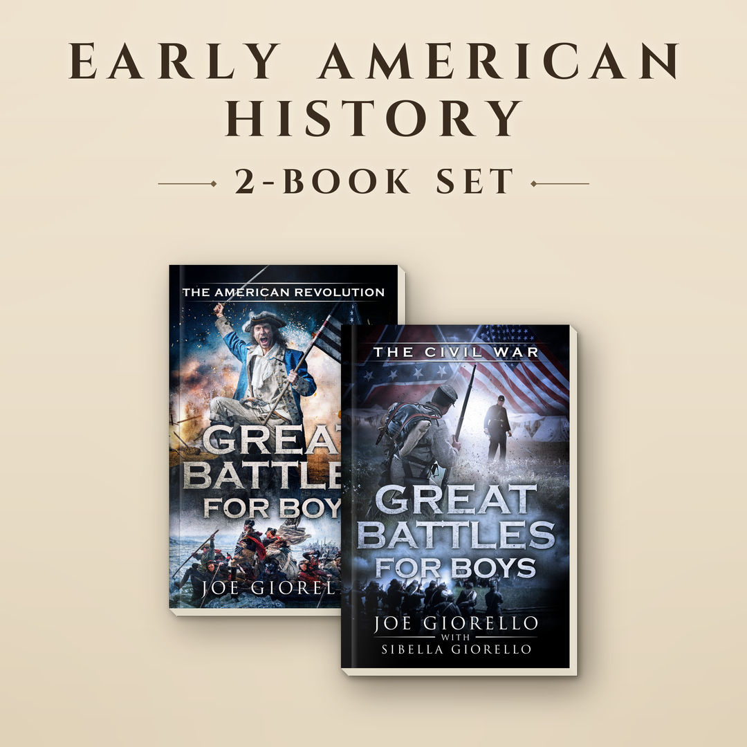 Two book covers for a 2-book set titled "Early American History" on a warm beige background. The books are "Great Battles for Boys" by Joe Gioretto and "The Civil War" by Joe Gioretto and Sibilla Gioretto.